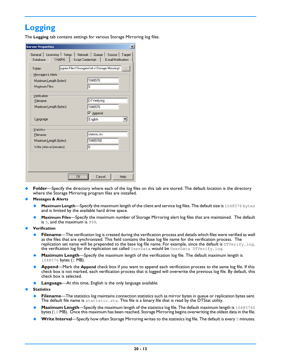 Logging, Logging -13 | HP Storage Mirroring V5 Software User Manual | Page 195 / 212