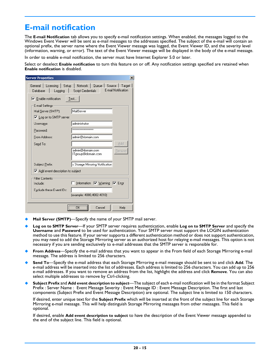 E-mail notification, E-mail notification -15 | HP Storage Mirroring V5 Software User Manual | Page 197 / 212