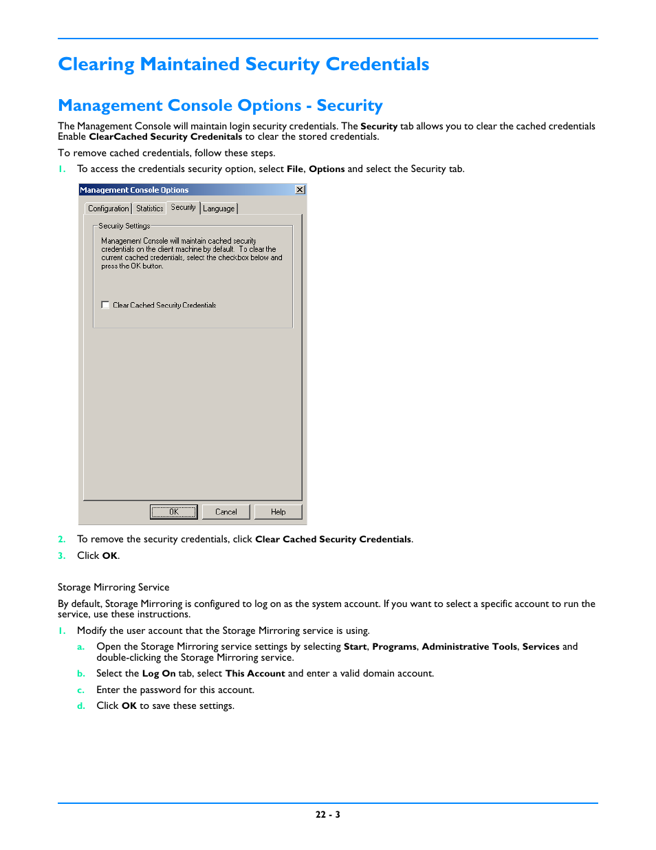 Clearing maintained security credentials, Management console options - security, Clearing maintained security credentials -3 | Management console options - security -3 | HP Storage Mirroring V5 Software User Manual | Page 206 / 212