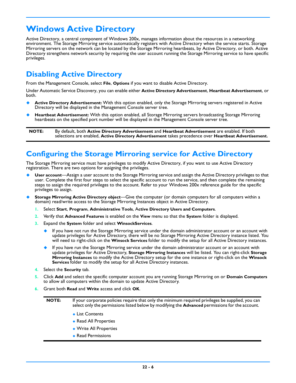 Windows active directory, Disabling active directory | HP Storage Mirroring V5 Software User Manual | Page 209 / 212