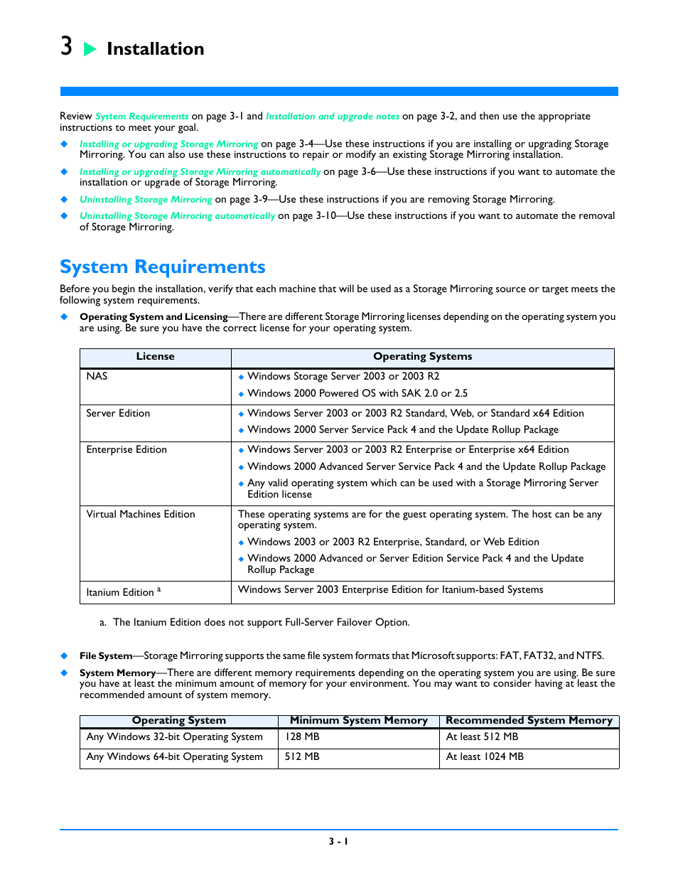 Installation, System requirements, Chapter 3: installation -1 | Installation and upgrade notes -2 | HP Storage Mirroring V5 Software User Manual | Page 24 / 212