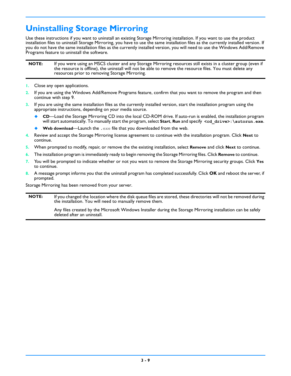 Uninstalling storage mirroring, Uninstalling storage mirroring -9 | HP Storage Mirroring V5 Software User Manual | Page 32 / 212