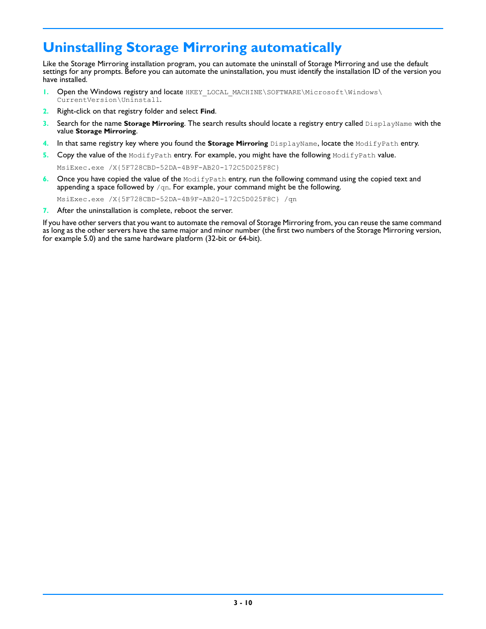 Uninstalling storage mirroring automatically, Uninstalling storage mirroring automatically -10 | HP Storage Mirroring V5 Software User Manual | Page 33 / 212