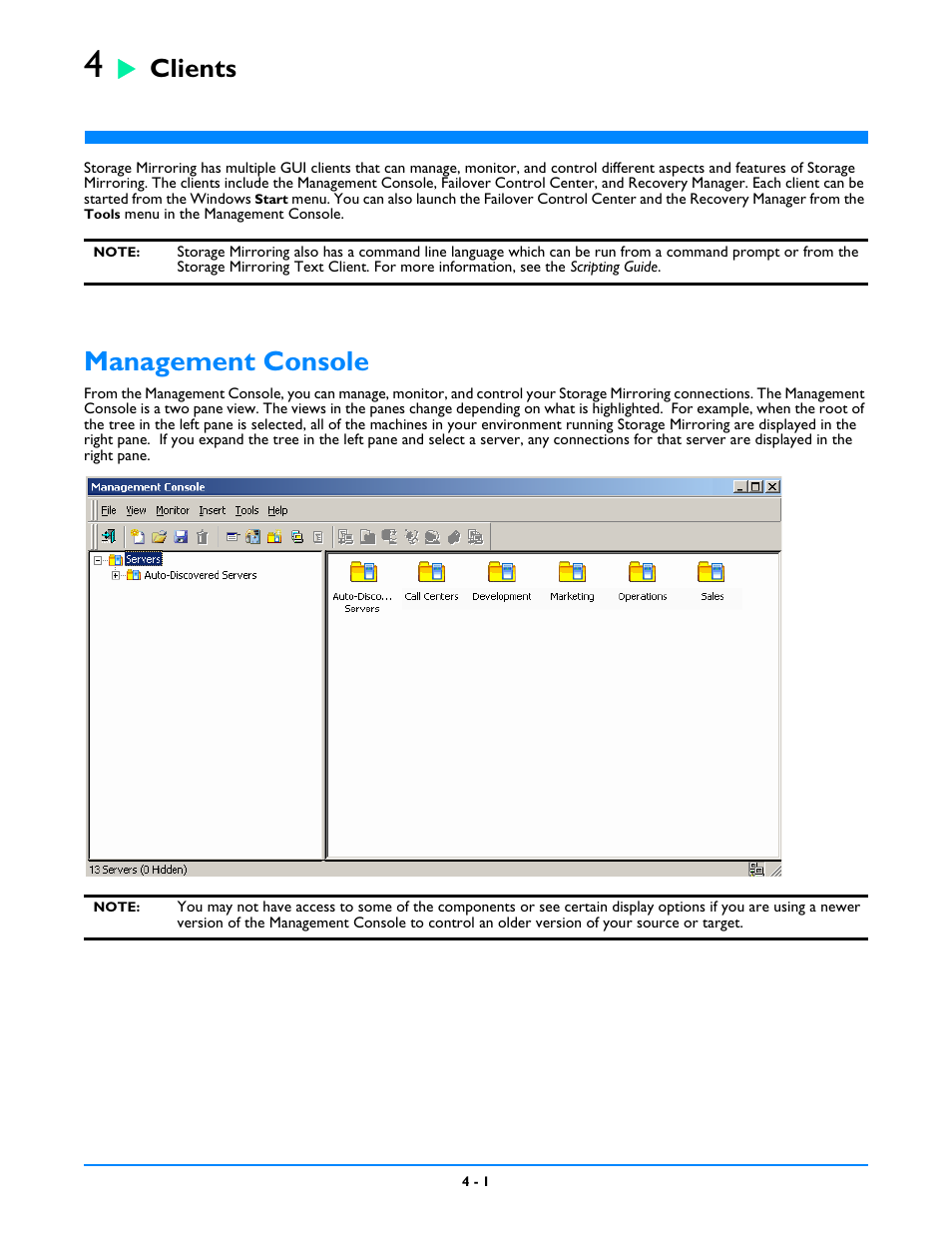 Clients, Management console, Chapter 4: clients -1 | Management console -1 | HP Storage Mirroring V5 Software User Manual | Page 34 / 212