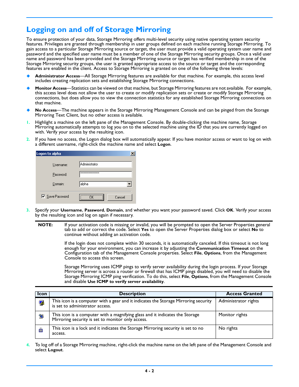 Logging on and off of storage mirroring, Logging on and off of storage mirroring -2 | HP Storage Mirroring V5 Software User Manual | Page 35 / 212