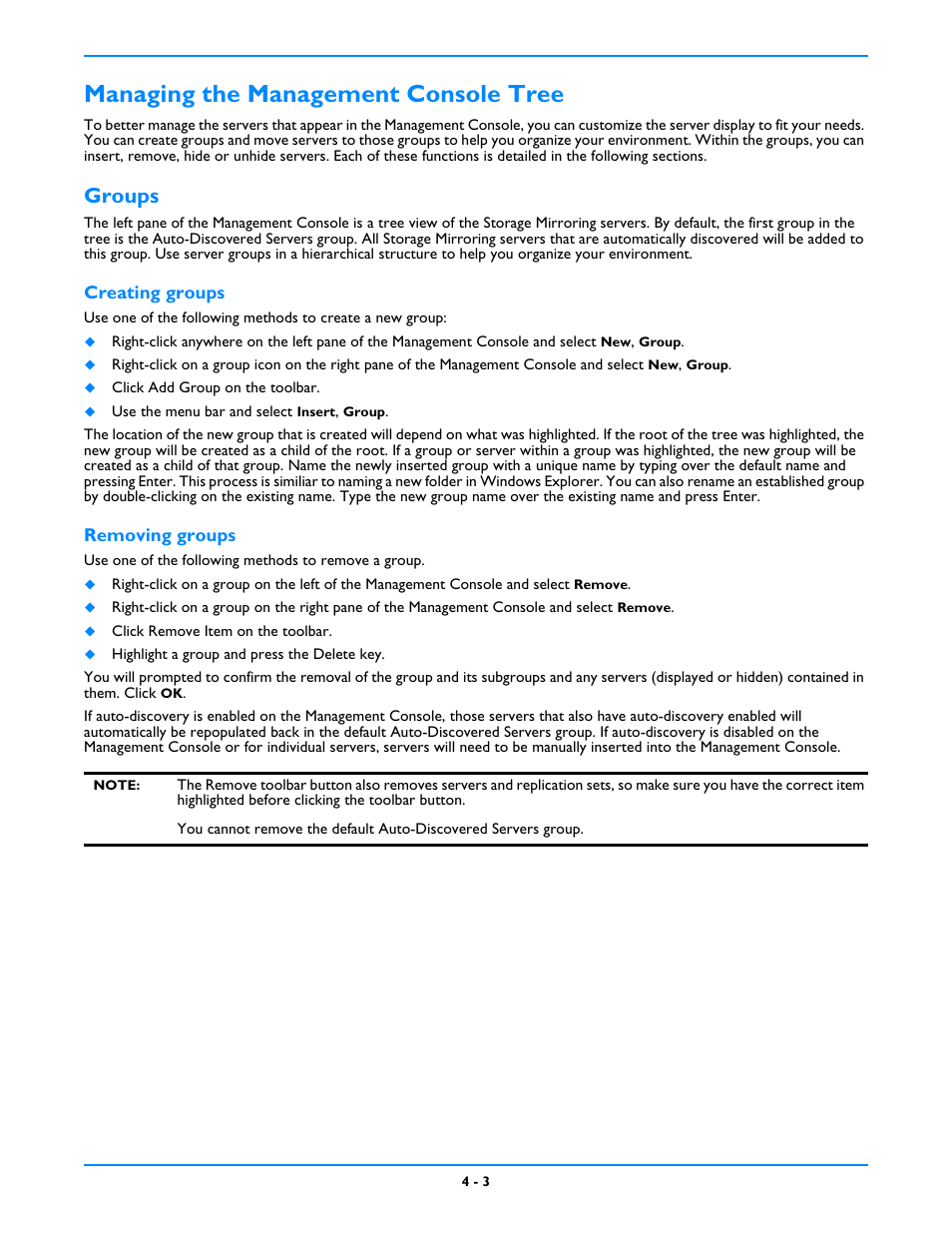 Managing the management console tree, Groups, Managing the management console tree -3 | Groups -3 | HP Storage Mirroring V5 Software User Manual | Page 36 / 212