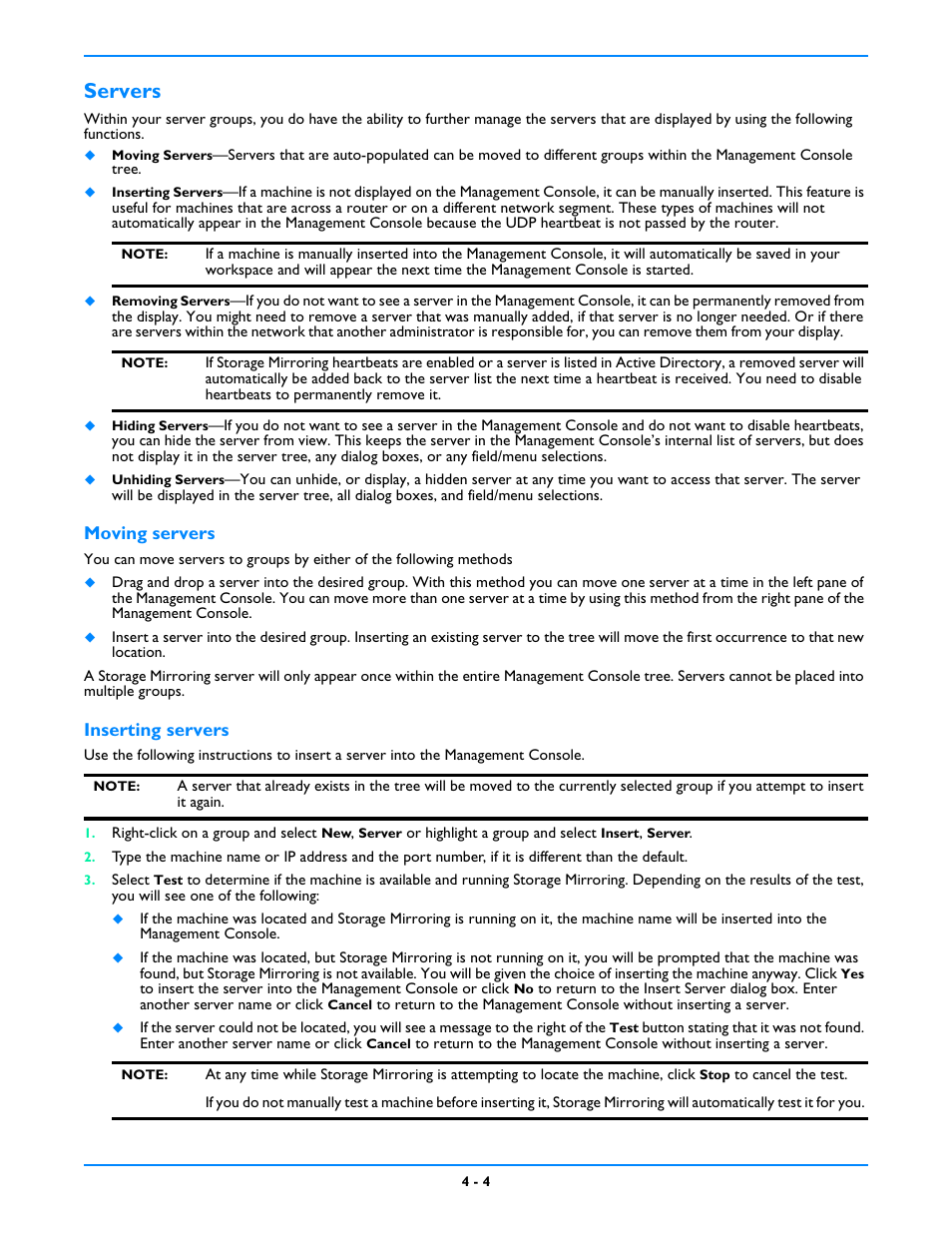 Servers, Servers -4, Moving servers | Inserting servers | HP Storage Mirroring V5 Software User Manual | Page 37 / 212