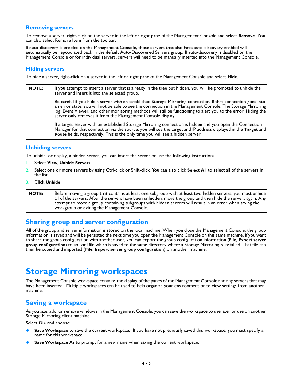 Sharing group and server configuration, Storage mirroring workspaces, Saving a workspace | Sharing group and server configuration -5, Storage mirroring workspaces -5, Saving a workspace -5 | HP Storage Mirroring V5 Software User Manual | Page 38 / 212