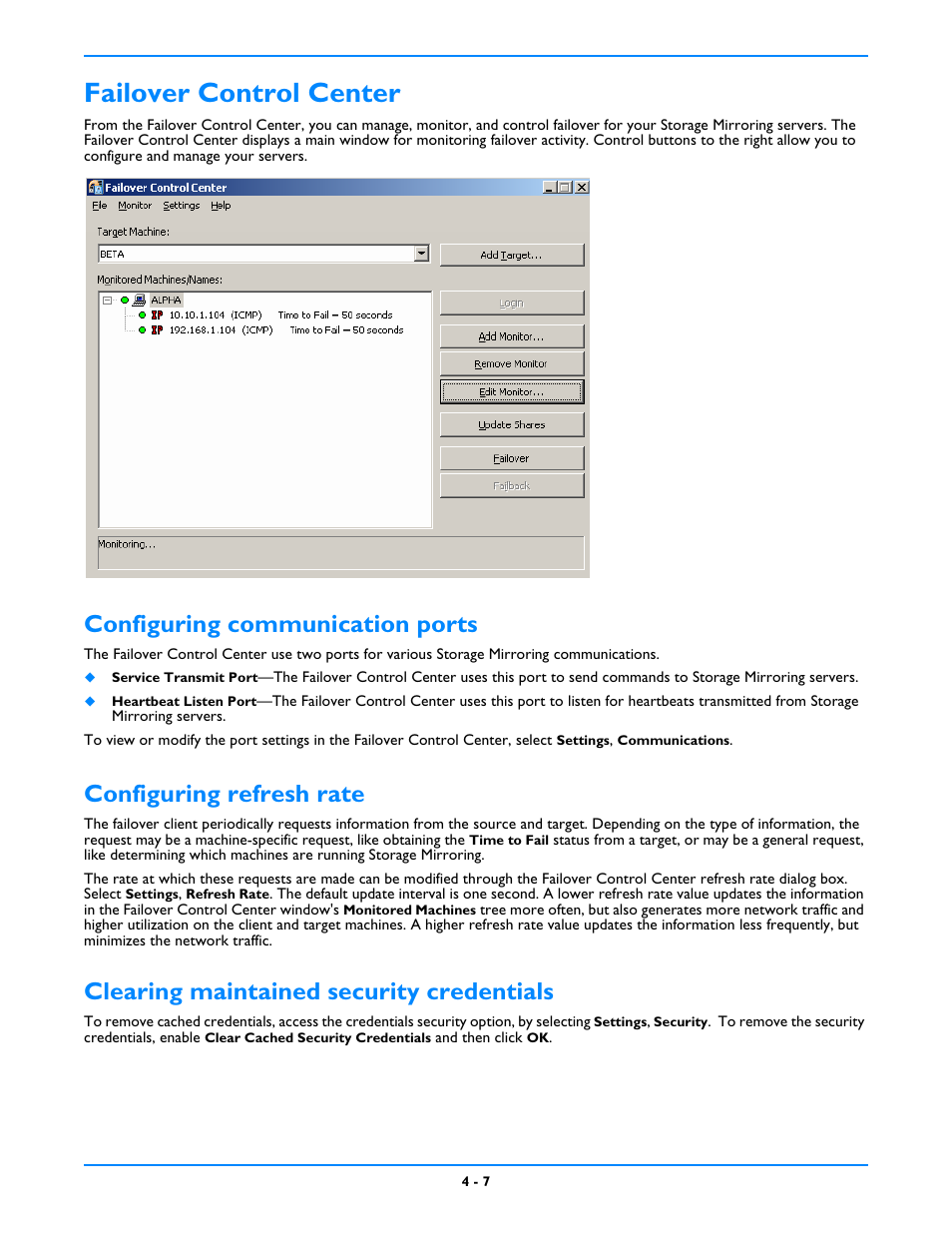 Failover control center, Configuring communication ports, Configuring refresh rate | Clearing maintained security credentials, Failover control center -7 | HP Storage Mirroring V5 Software User Manual | Page 40 / 212