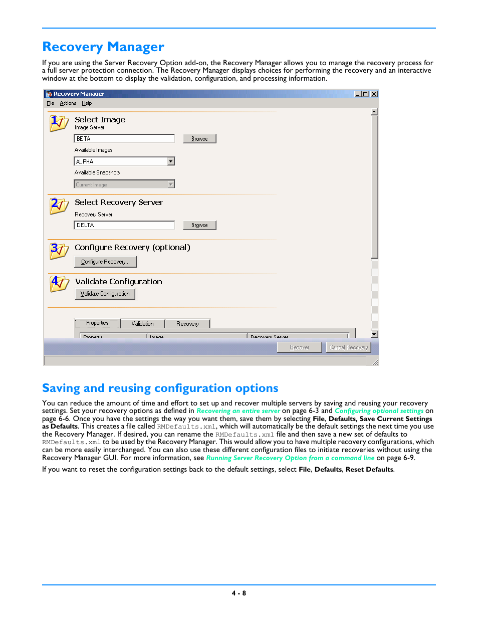Recovery manager, Saving and reusing configuration options, Recovery manager -8 | Saving and reusing configuration options -8 | HP Storage Mirroring V5 Software User Manual | Page 41 / 212
