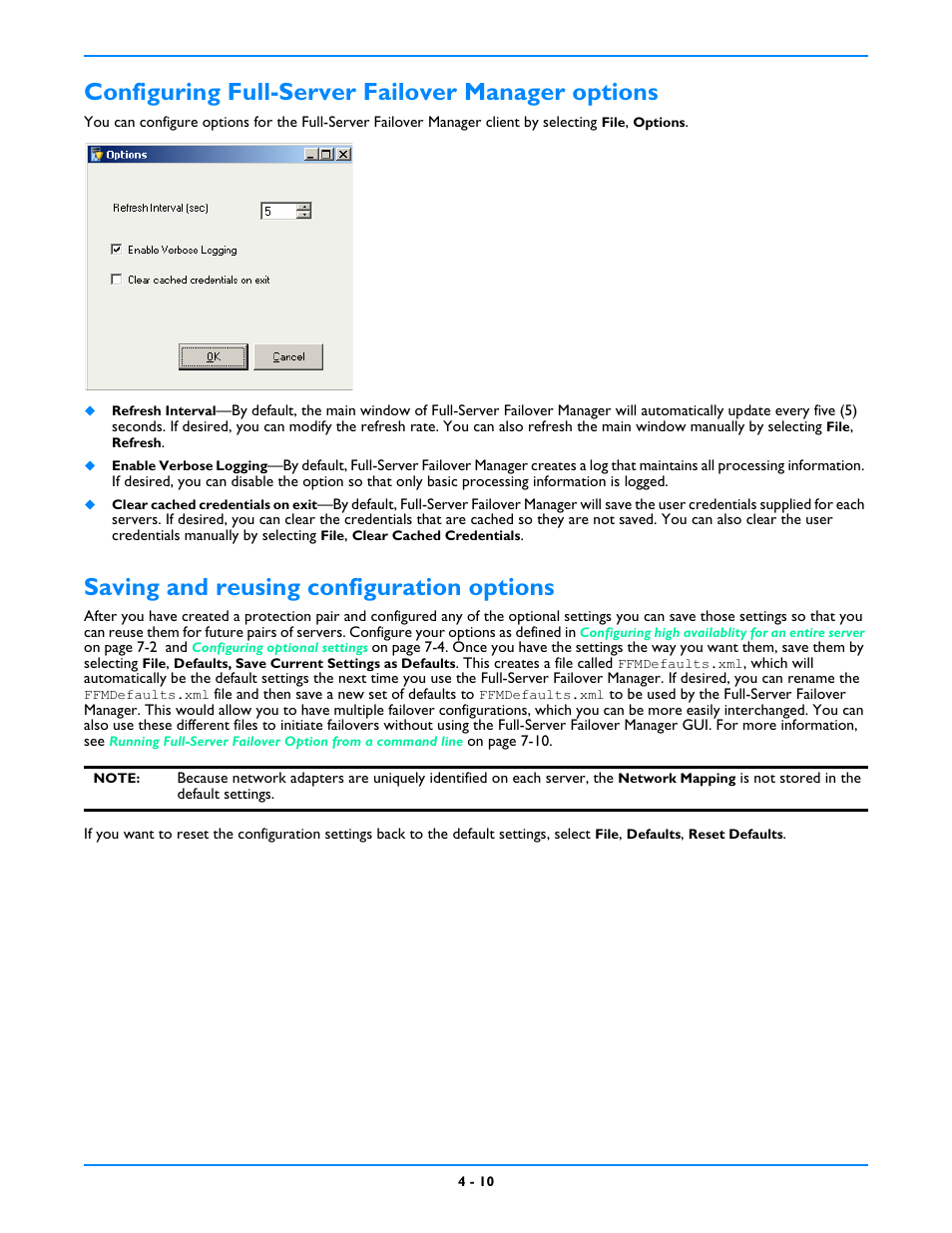 Configuring full-server failover manager options, Saving and reusing configuration options | HP Storage Mirroring V5 Software User Manual | Page 43 / 212