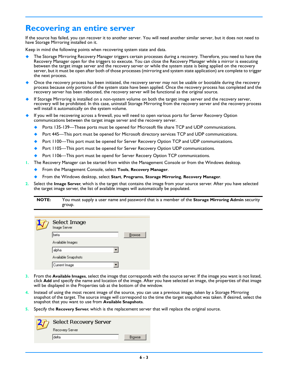 Recovering an entire server, Recovering an entire server -3 | HP Storage Mirroring V5 Software User Manual | Page 48 / 212