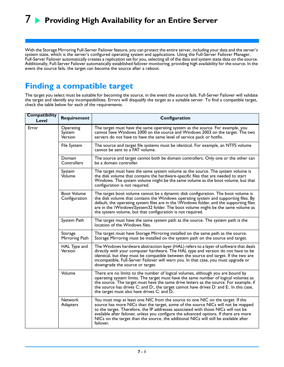 Providing high availability for an entire server, Finding a compatible target, Finding a compatible target -1 | HP Storage Mirroring V5 Software User Manual | Page 55 / 212