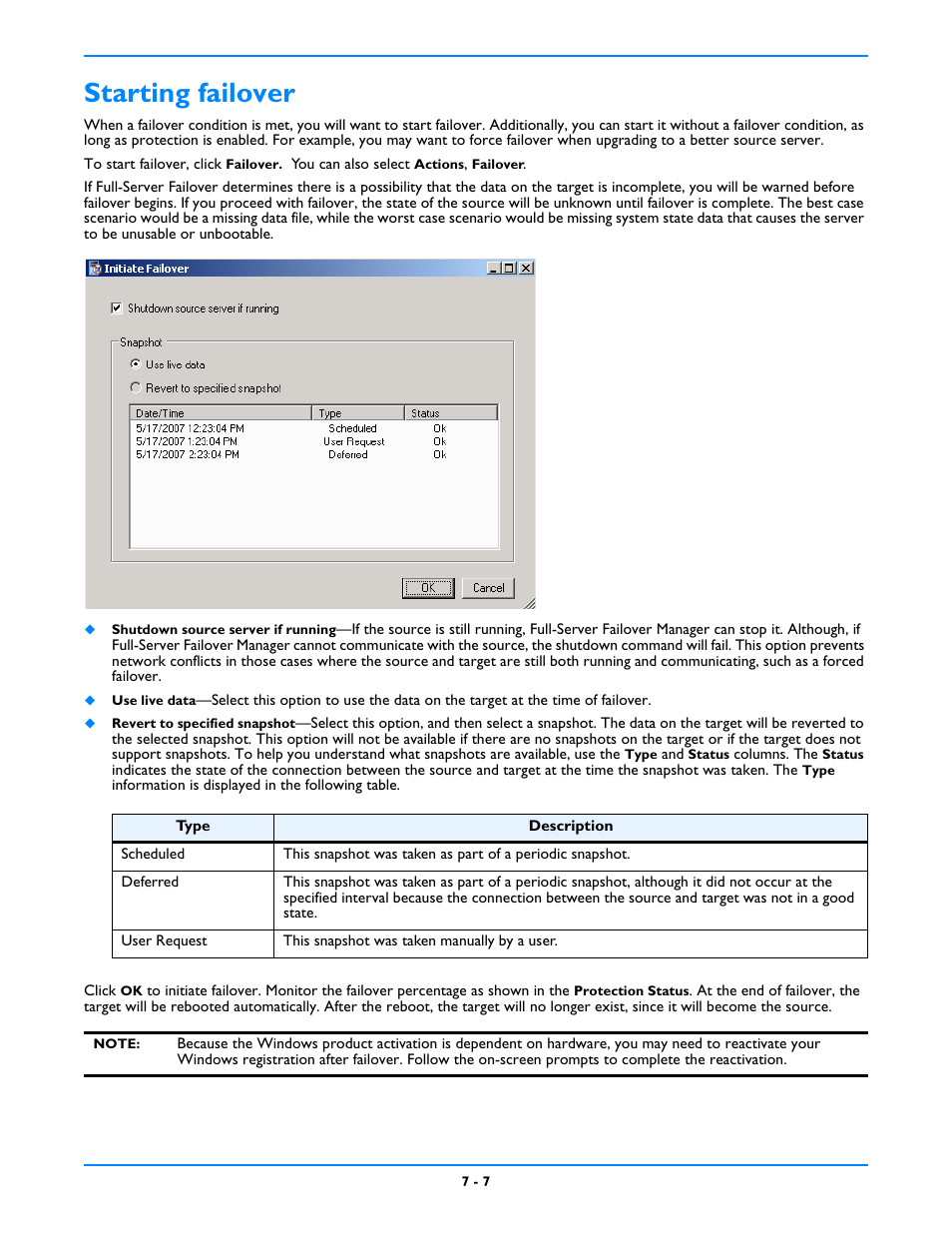 Starting failover, Starting failover -7 | HP Storage Mirroring V5 Software User Manual | Page 61 / 212