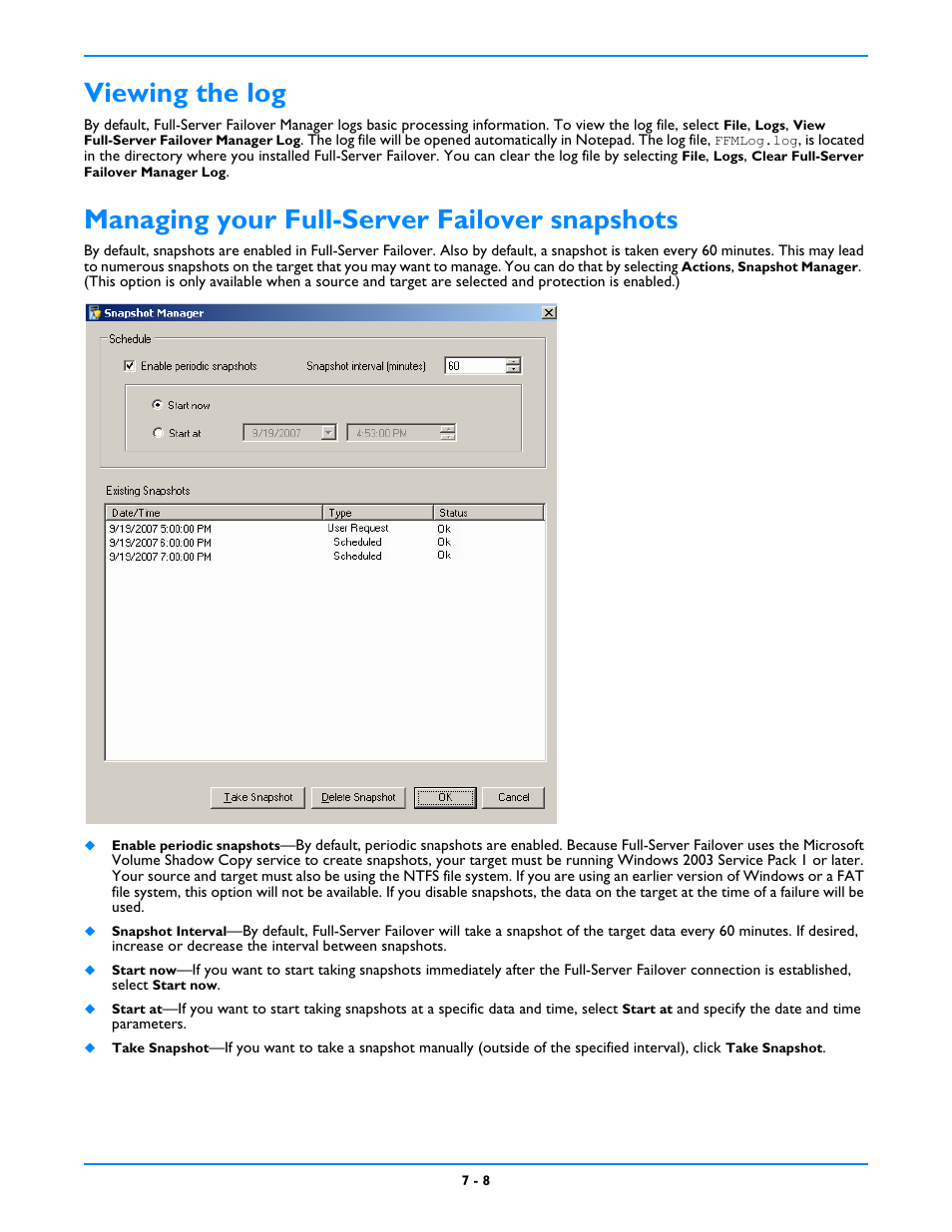 Viewing the log, Managing your full-server failover snapshots, Viewing the log -8 | Managing your full-server failover snapshots -8 | HP Storage Mirroring V5 Software User Manual | Page 62 / 212