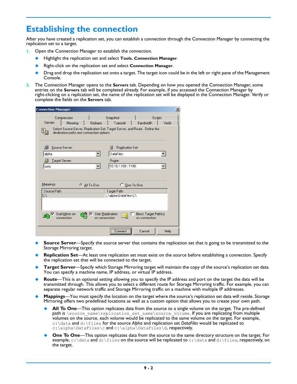 Establishing the connection, Establishing the connection -2 | HP Storage Mirroring V5 Software User Manual | Page 69 / 212