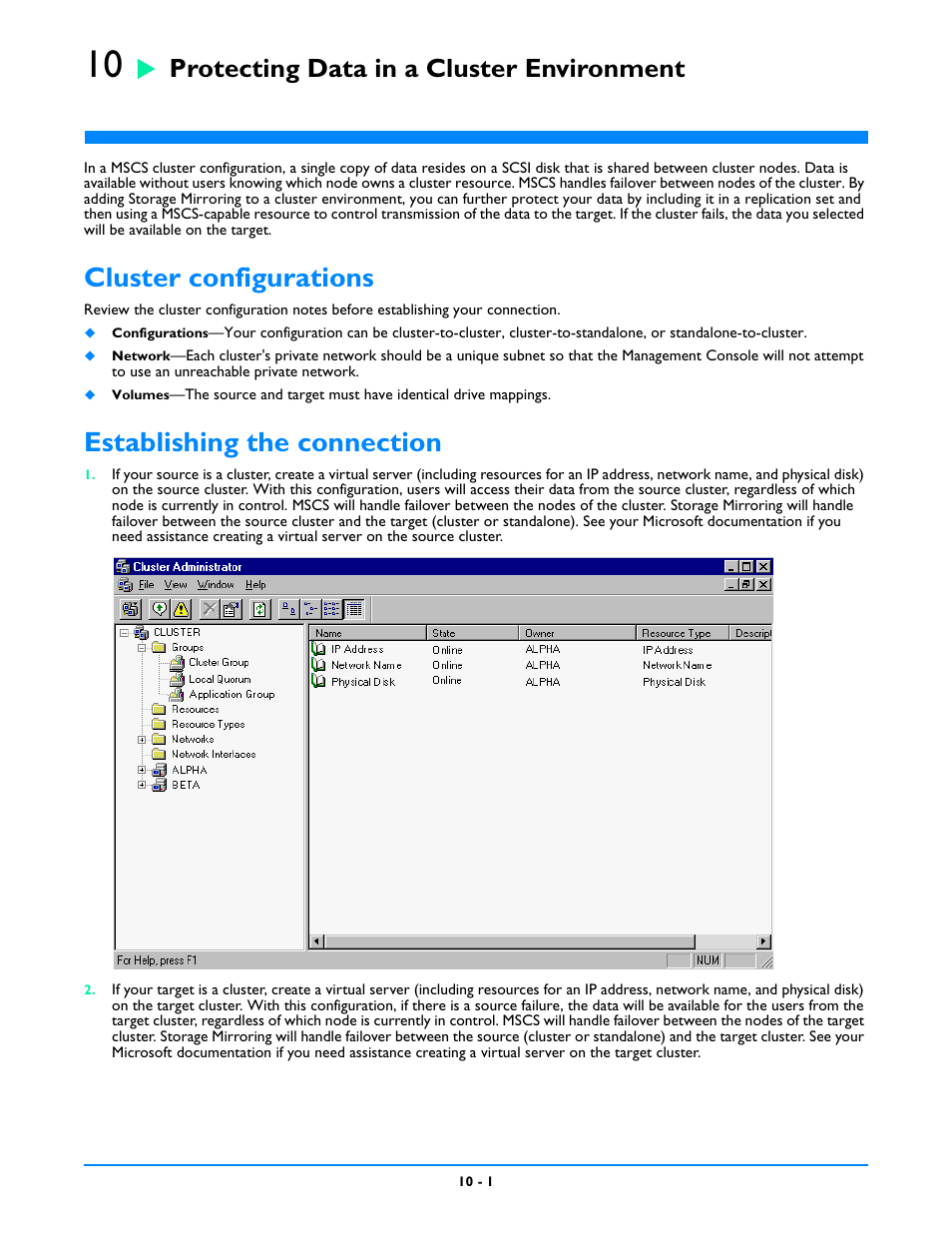 Protecting data in a cluster environment, Cluster configurations, Establishing the connection | Cluster configurations -1 | HP Storage Mirroring V5 Software User Manual | Page 73 / 212