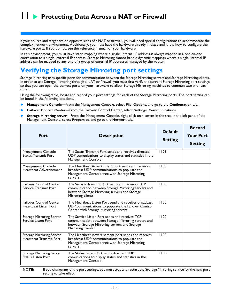 Protecting data across a nat or firewall, Verifying the storage mirroring port settings, Verifying the storage mirroring port settings -1 | HP Storage Mirroring V5 Software User Manual | Page 79 / 212