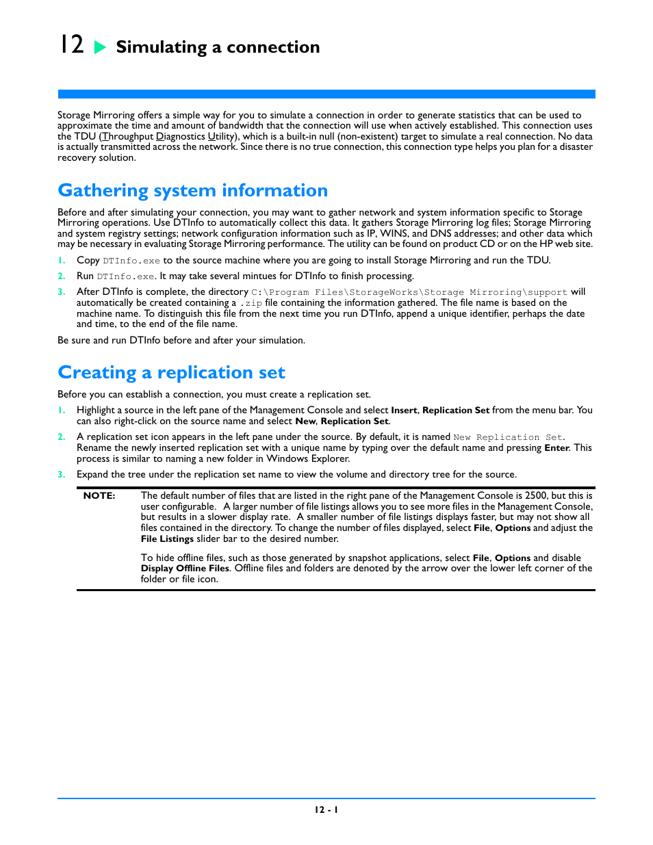 Simulating a connection, Gathering system information, Creating a replication set | Chapter 12: simulating a connection -1, Gathering system information -1, Establishing the simulated connection -2 | HP Storage Mirroring V5 Software User Manual | Page 81 / 212