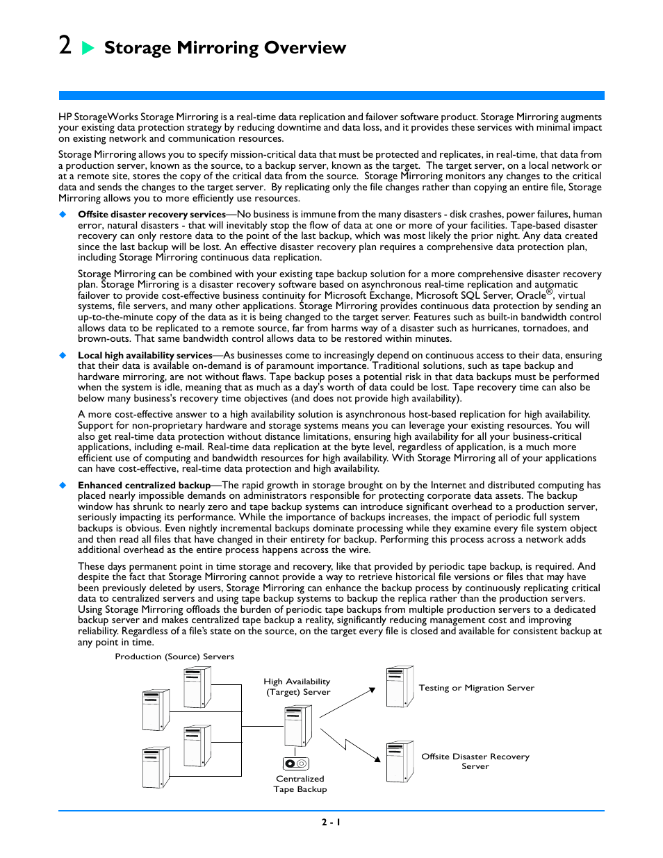 Storage mirroring overview, Chapter 2: storage mirroring overview -1 | HP Storage Mirroring V5 Software User Manual | Page 9 / 212