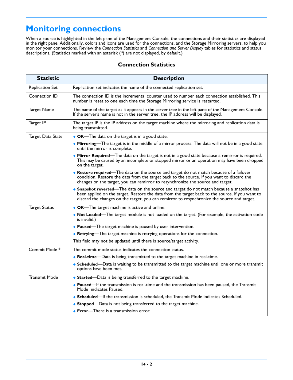 Monitoring connections, Monitoring connections -2, Connection statistics statistic description | HP Storage Mirroring V5 Software User Manual | Page 91 / 212