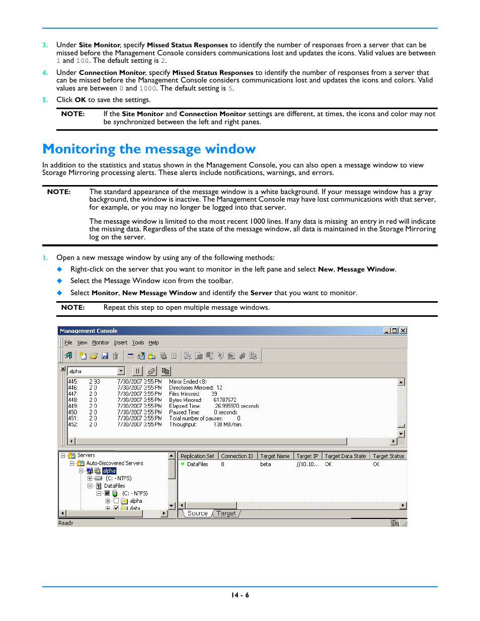 Monitoring the message window, Monitoring the message window -6 | HP Storage Mirroring V5 Software User Manual | Page 95 / 212