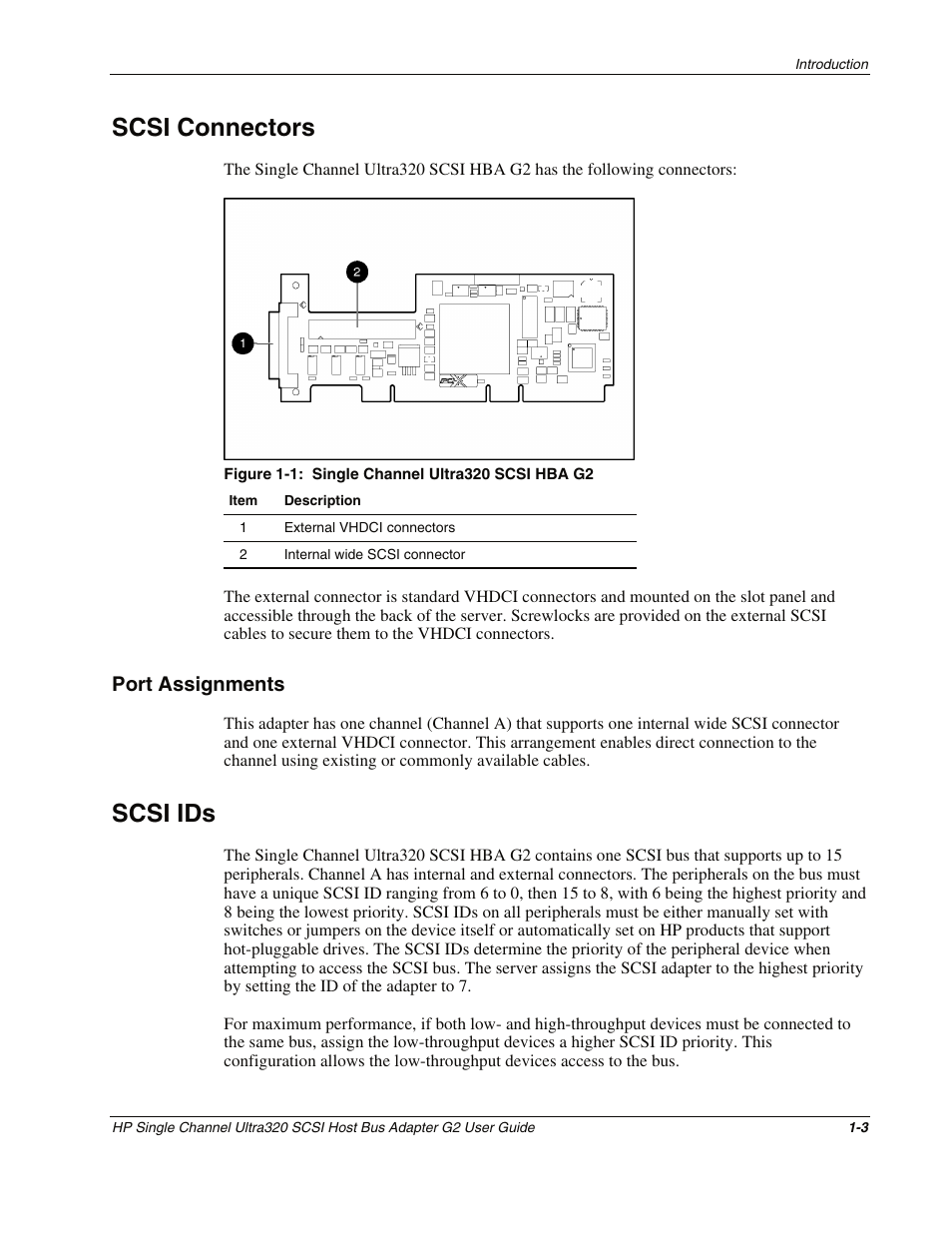 Scsi connectors, Port assignments, Scsi ids | Scsi connectors -3, Port assignments -3, Scsi ids -3 | HP Single Channel Ultra320 SCSI G2 Host Bus Adapter User Manual | Page 10 / 29
