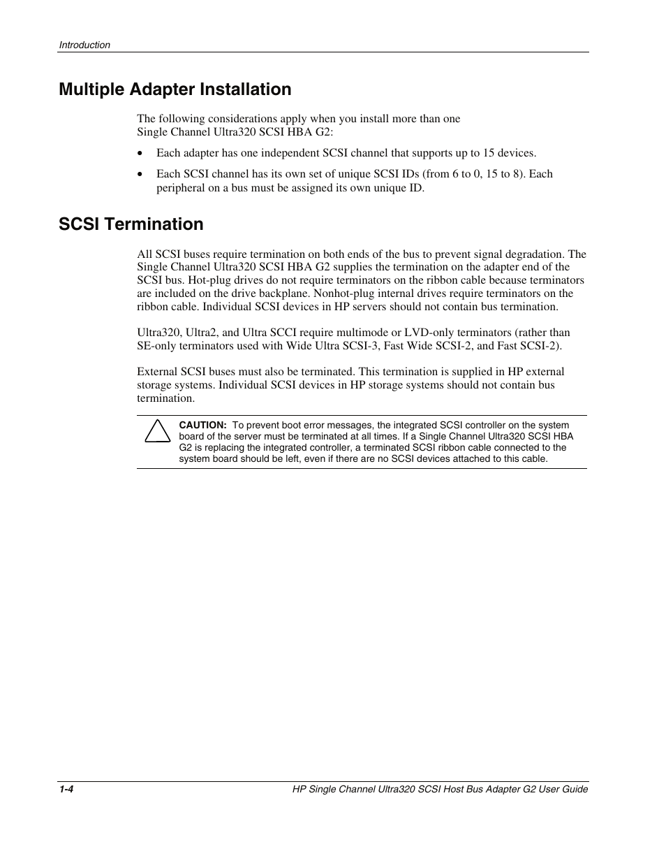 Multiple adapter installation, Scsi termination, Multiple adapter installation -4 | Scsi termination -4 | HP Single Channel Ultra320 SCSI G2 Host Bus Adapter User Manual | Page 11 / 29