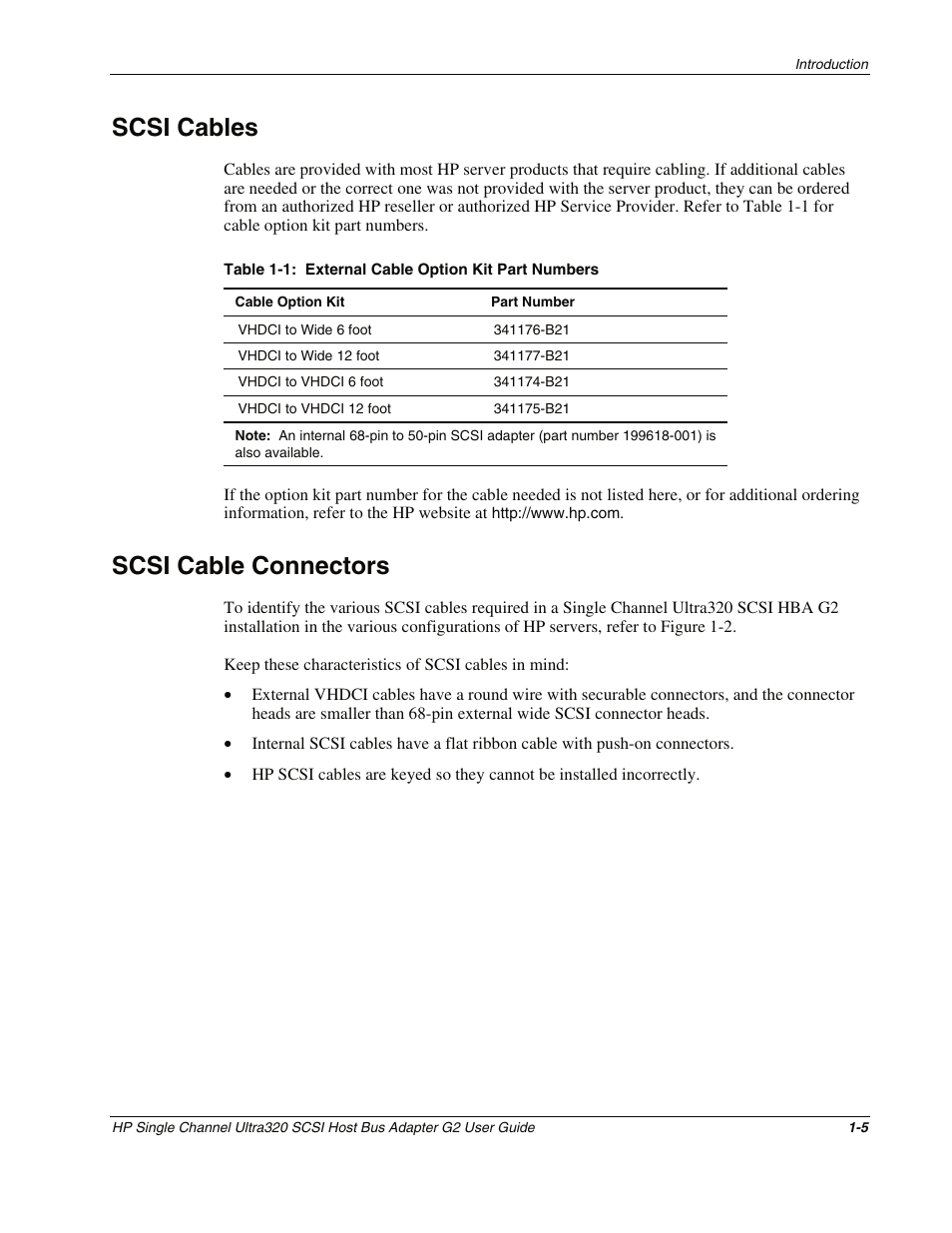 Scsi cables, Scsi cable connectors, Scsi cables -5 | Scsi cable connectors -5 | HP Single Channel Ultra320 SCSI G2 Host Bus Adapter User Manual | Page 12 / 29