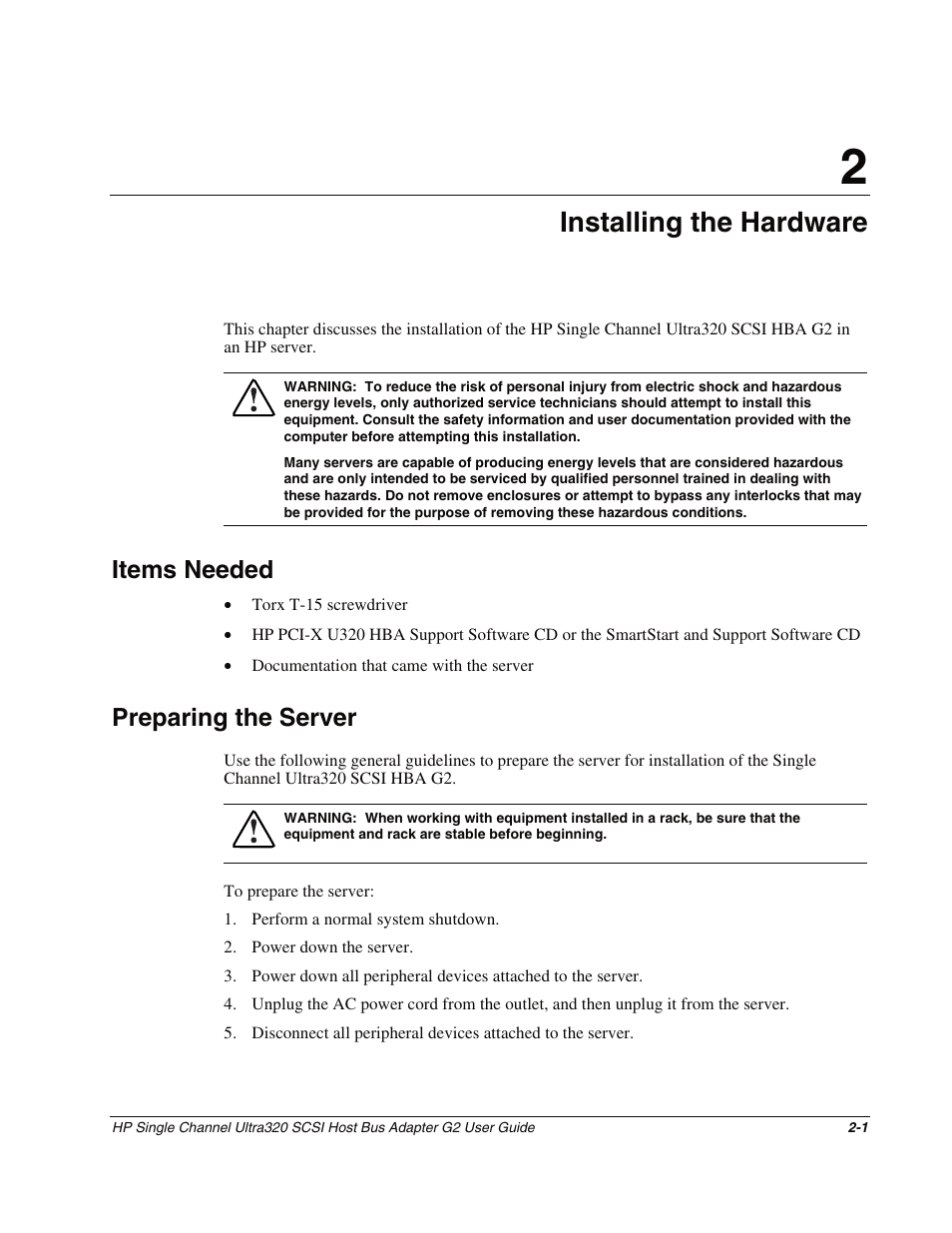 Chapter 2: installing the hardware, Items needed, Preparing the server | Chapter 2, Installing the hardware, Items needed -1, Preparing the server -1 | HP Single Channel Ultra320 SCSI G2 Host Bus Adapter User Manual | Page 14 / 29