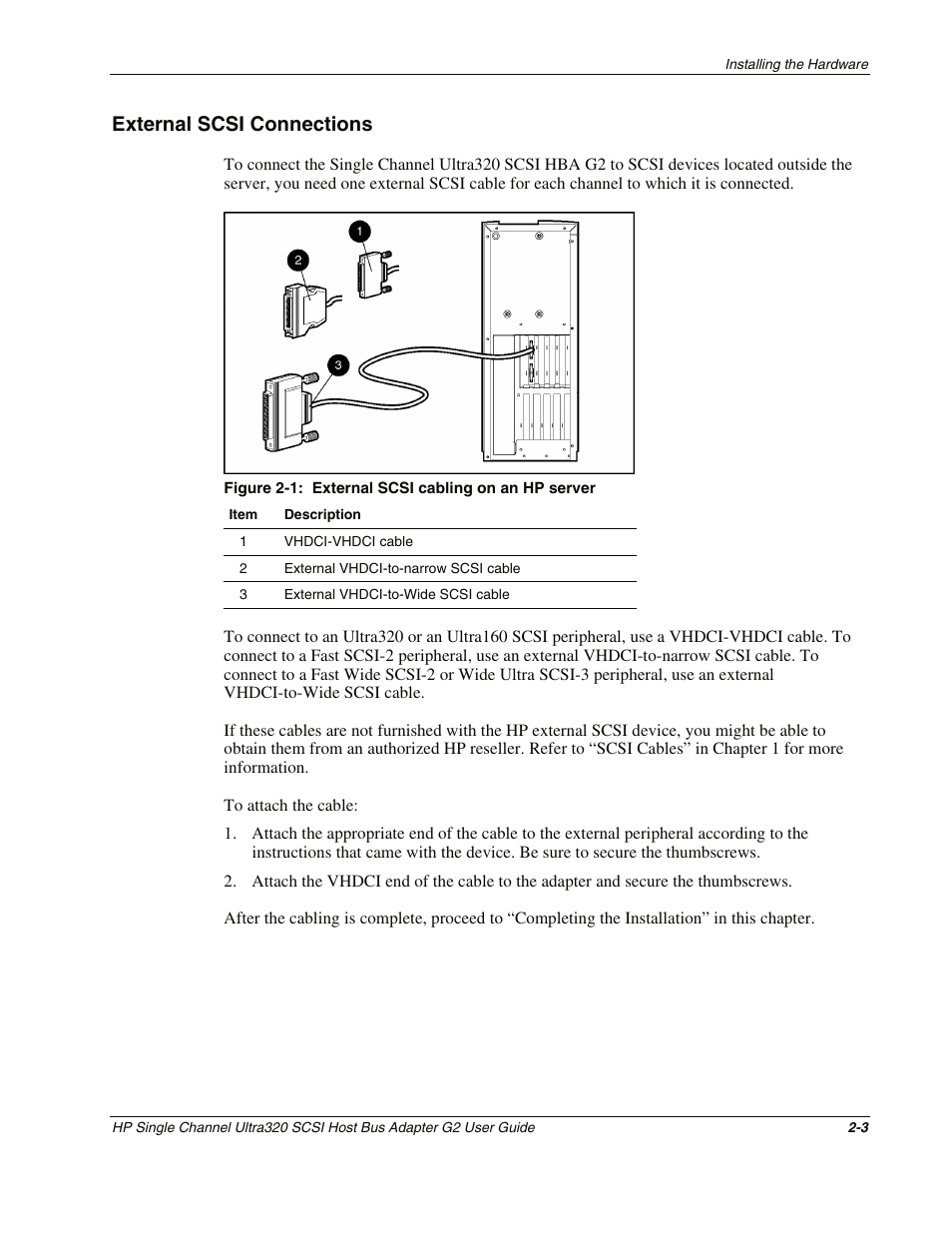 External scsi connections, External scsi connections -3 | HP Single Channel Ultra320 SCSI G2 Host Bus Adapter User Manual | Page 16 / 29