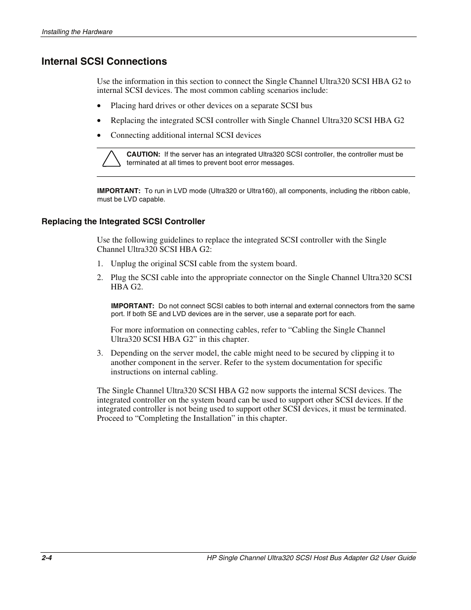 Internal scsi connections, Replacing the integrated scsi controller, Internal scsi connections -4 | HP Single Channel Ultra320 SCSI G2 Host Bus Adapter User Manual | Page 17 / 29