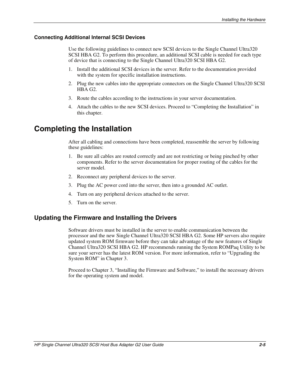 Connecting additional internal scsi devices, Completing the installation, Updating the firmware and installing the drivers | Completing the installation -5 | HP Single Channel Ultra320 SCSI G2 Host Bus Adapter User Manual | Page 18 / 29