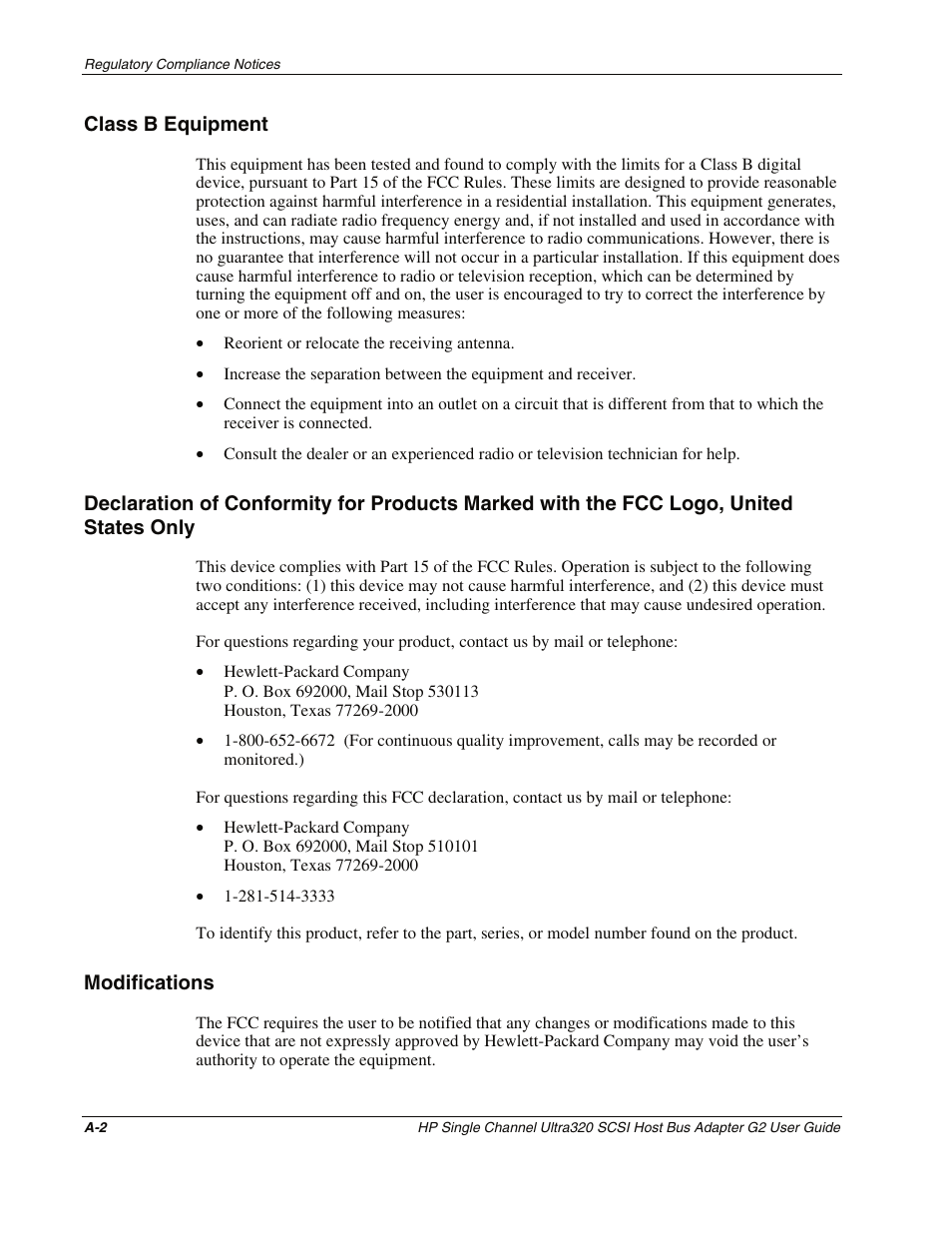 Class b equipment, Modifications | HP Single Channel Ultra320 SCSI G2 Host Bus Adapter User Manual | Page 21 / 29