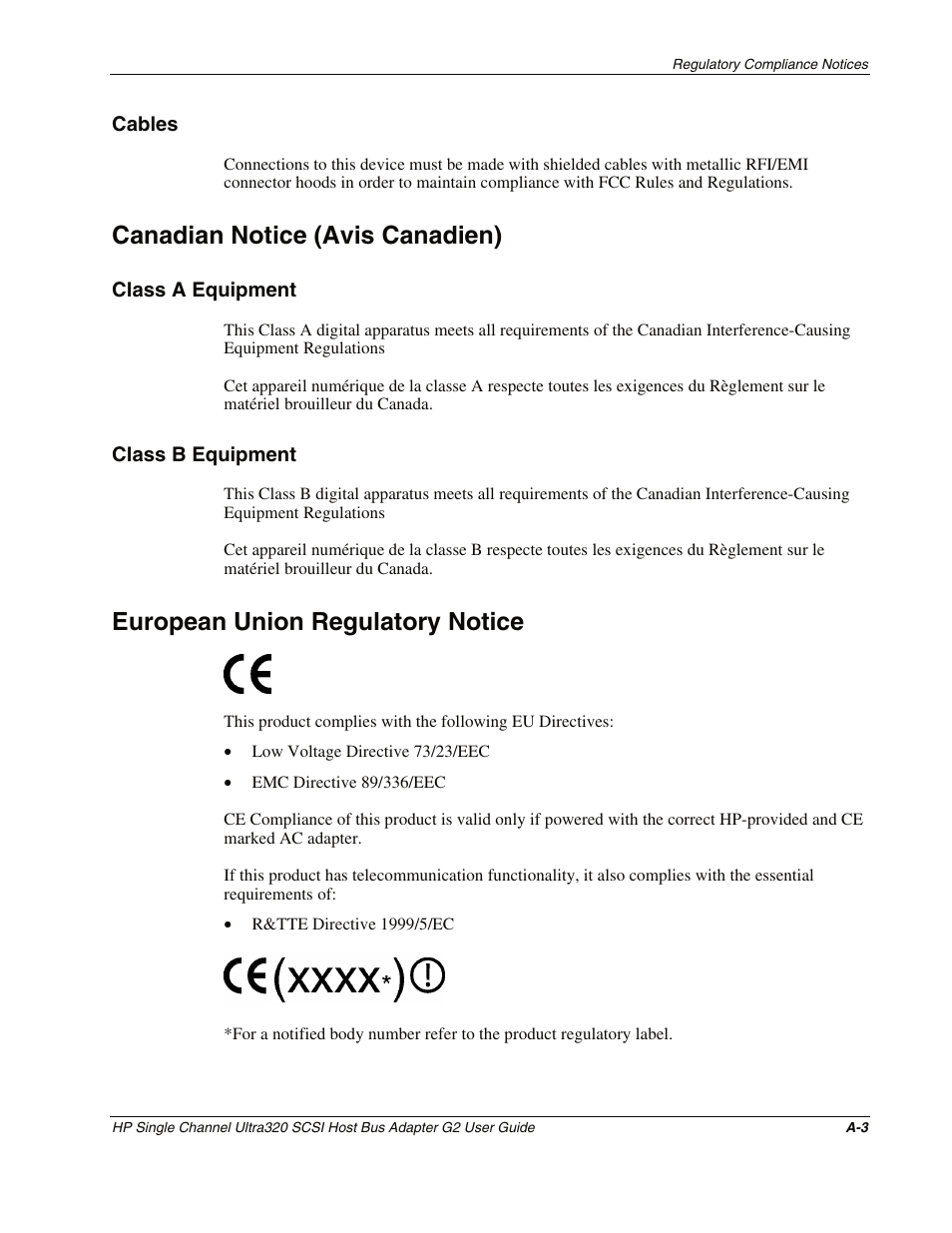 Cables, Canadian notice (avis canadien), Class a equipment | Class b equipment, European union regulatory notice | HP Single Channel Ultra320 SCSI G2 Host Bus Adapter User Manual | Page 22 / 29