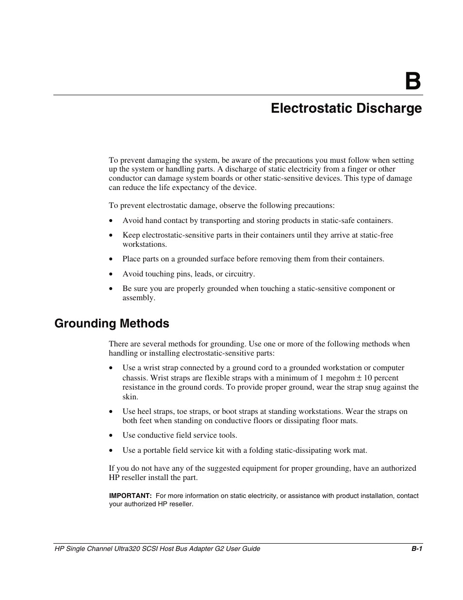 Appendix b: electrostatic discharge, Grounding methods, Appendix b | Electrostatic discharge | HP Single Channel Ultra320 SCSI G2 Host Bus Adapter User Manual | Page 26 / 29