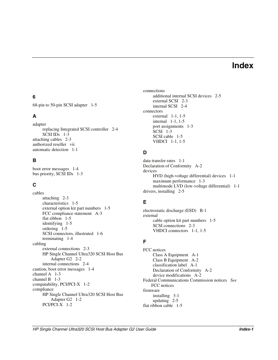 Index | HP Single Channel Ultra320 SCSI G2 Host Bus Adapter User Manual | Page 27 / 29