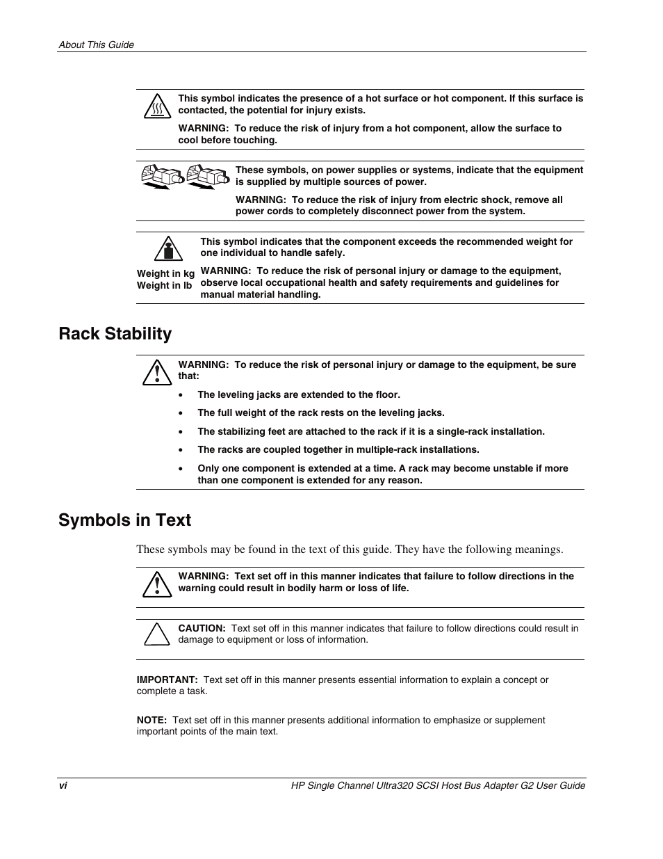 Rack stability, Symbols in text | HP Single Channel Ultra320 SCSI G2 Host Bus Adapter User Manual | Page 6 / 29