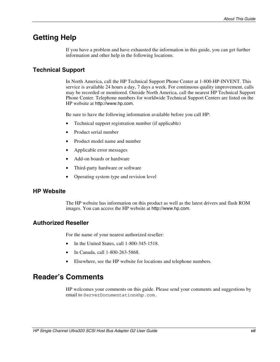Getting help, Technical support, Hp website | Authorized reseller, Reader’s comments | HP Single Channel Ultra320 SCSI G2 Host Bus Adapter User Manual | Page 7 / 29