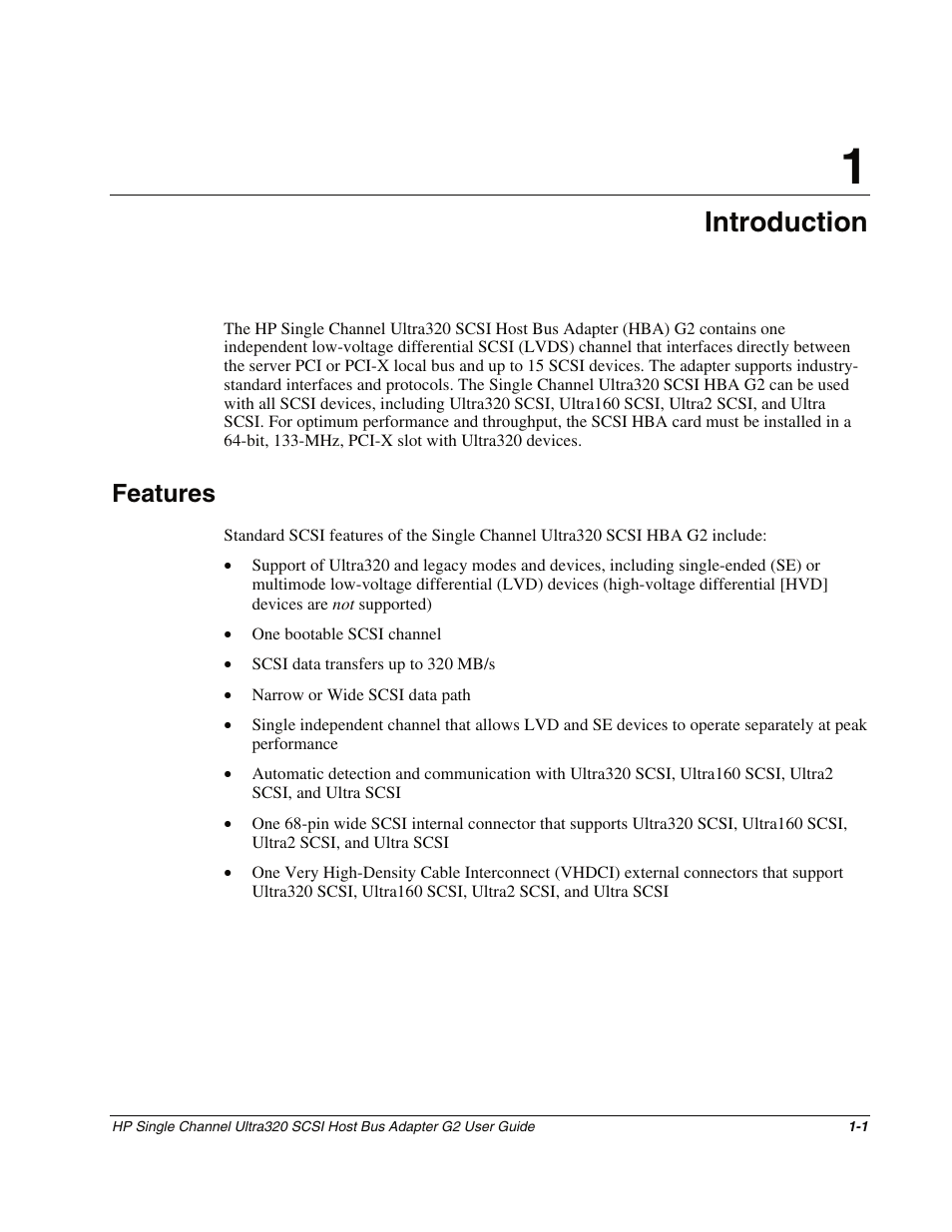 Chapter 1: introduction, Features, Chapter 1 | Introduction, Features -1 | HP Single Channel Ultra320 SCSI G2 Host Bus Adapter User Manual | Page 8 / 29
