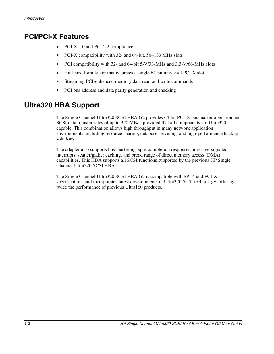 Pci/pci-x features, Ultra320 hba support, Pci/pci-x features -2 | Ultra320 hba support -2 | HP Single Channel Ultra320 SCSI G2 Host Bus Adapter User Manual | Page 9 / 29