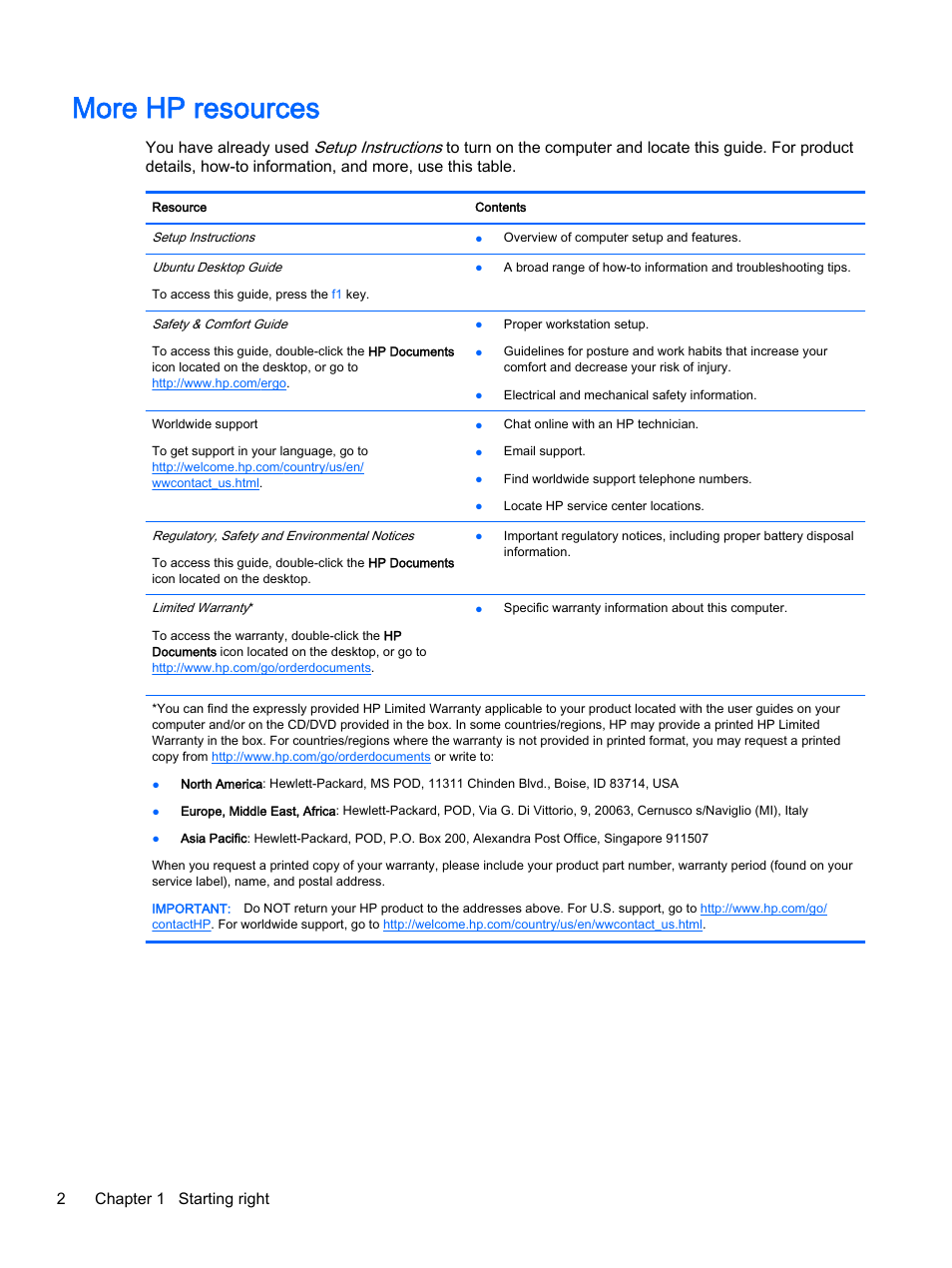 More hp resources, 2chapter 1 starting right | HP 15-d099nr TouchSmart Notebook PC User Manual | Page 10 / 59