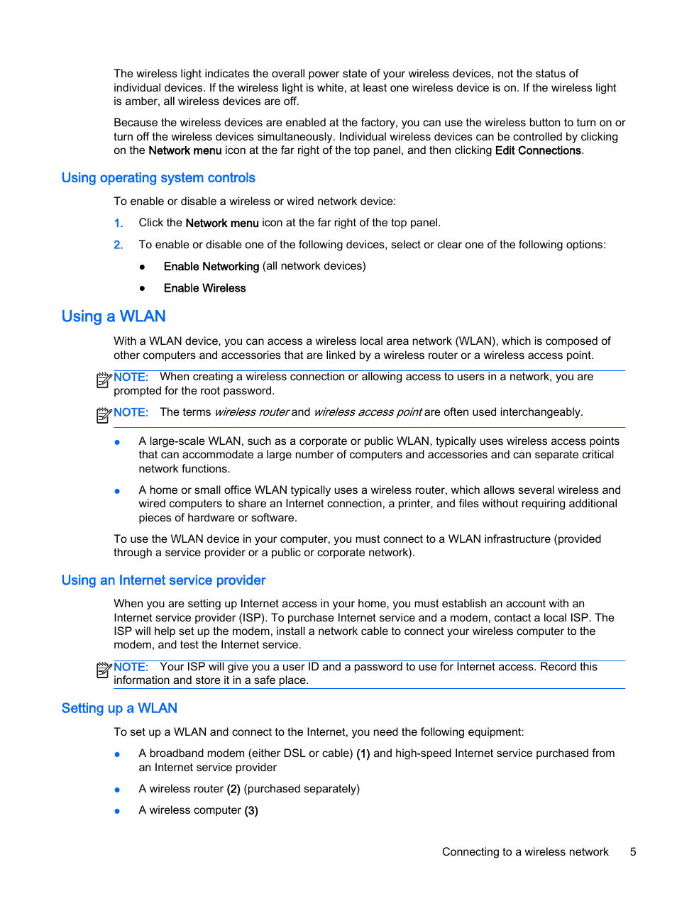 Using operating system controls, Using a wlan, Using an internet service provider | Setting up a wlan | HP 15-d099nr TouchSmart Notebook PC User Manual | Page 13 / 59