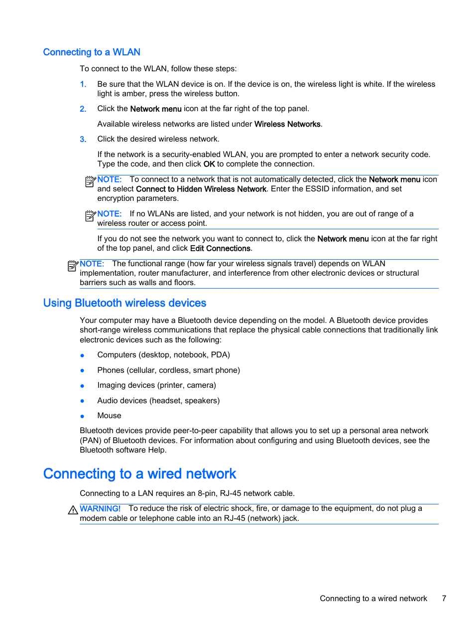 Connecting to a wlan, Using bluetooth wireless devices, Connecting to a wired network | HP 15-d099nr TouchSmart Notebook PC User Manual | Page 15 / 59