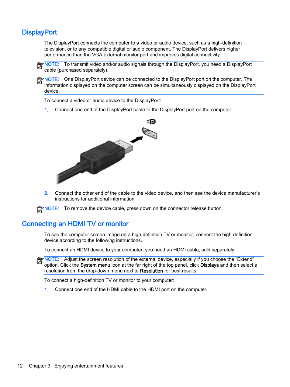 Displayport, Connecting an hdmi tv or monitor, Displayport connecting an hdmi tv or monitor | HP 15-d099nr TouchSmart Notebook PC User Manual | Page 20 / 59