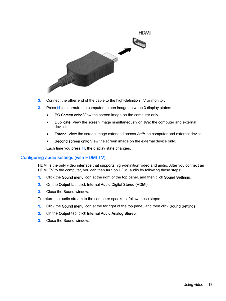 Configuring audio settings (with hdmi tv) | HP 15-d099nr TouchSmart Notebook PC User Manual | Page 21 / 59