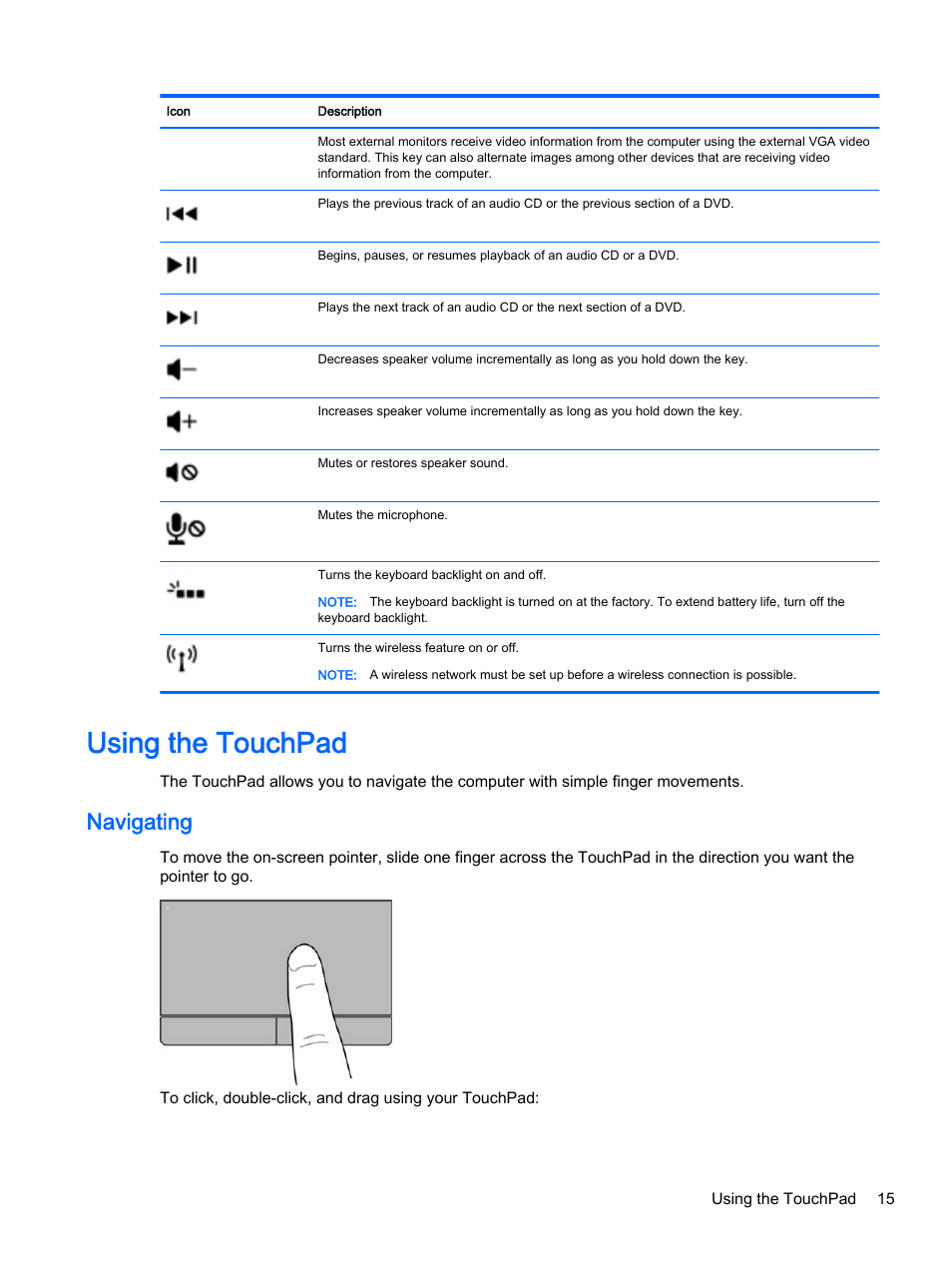 Using the touchpad, Navigating | HP 15-d099nr TouchSmart Notebook PC User Manual | Page 23 / 59