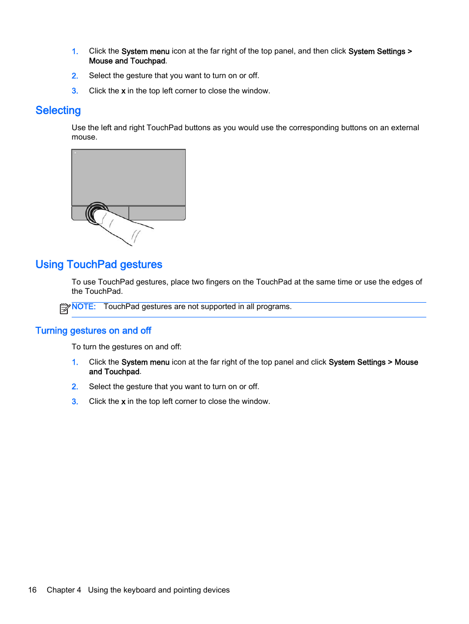 Selecting, Using touchpad gestures, Turning gestures on and off | Selecting using touchpad gestures | HP 15-d099nr TouchSmart Notebook PC User Manual | Page 24 / 59