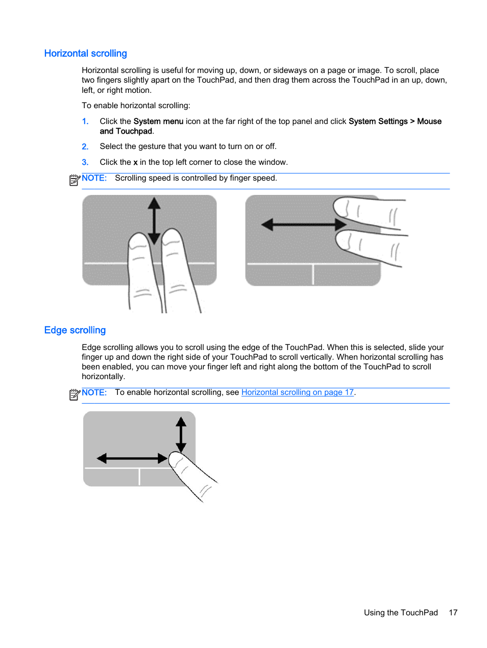 Horizontal scrolling, Edge scrolling, Horizontal scrolling edge scrolling | HP 15-d099nr TouchSmart Notebook PC User Manual | Page 25 / 59
