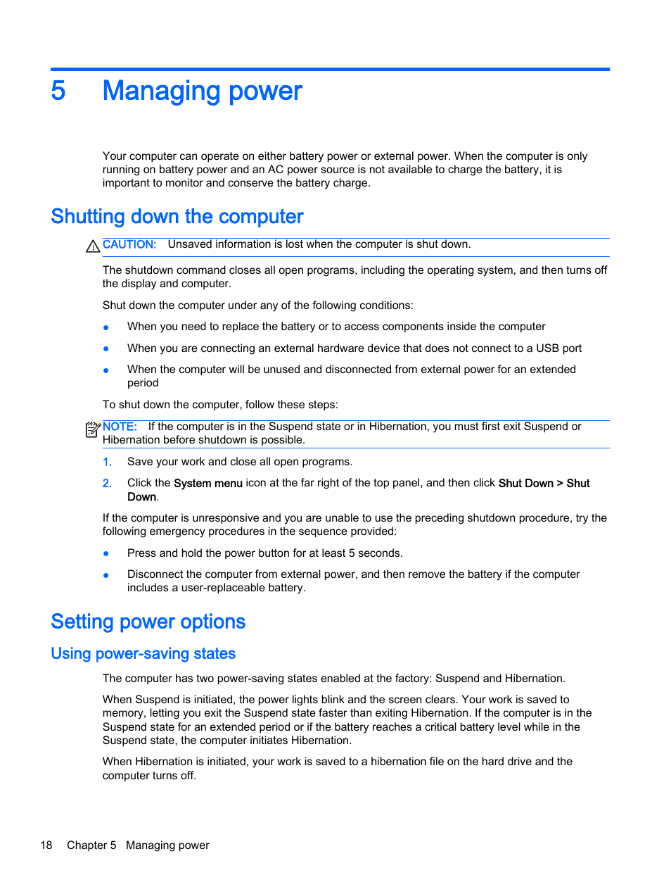 Managing power, Shutting down the computer, Setting power options | Using power-saving states, 5 managing power, Shutting down the computer setting power options, 5managing power | HP 15-d099nr TouchSmart Notebook PC User Manual | Page 26 / 59